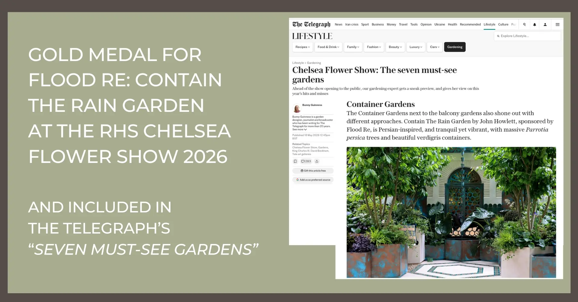 banner for gold medal for flood re contain the rain garden and telegraph article