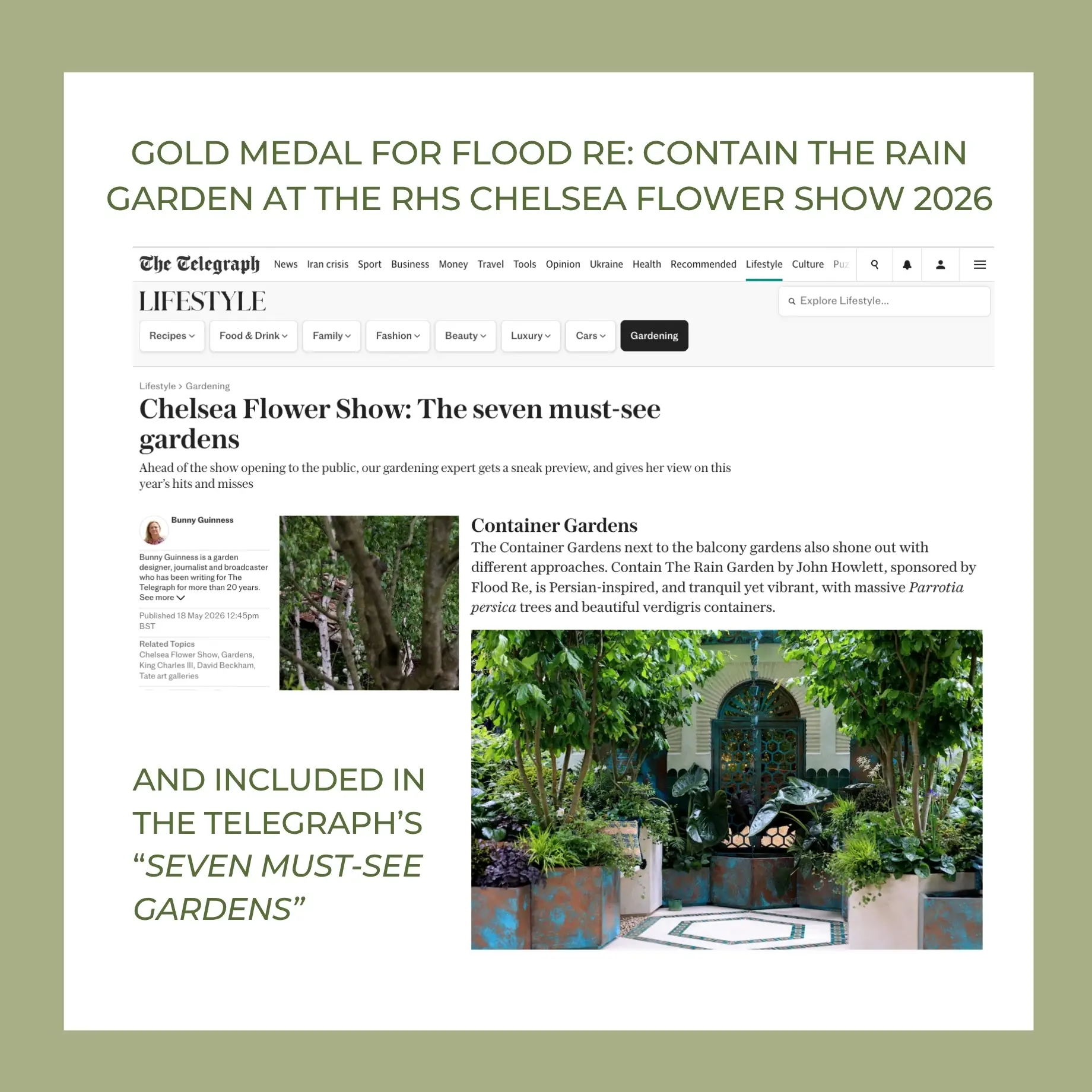 banner for gold medal for flood re contain the rain garden and telegraph article