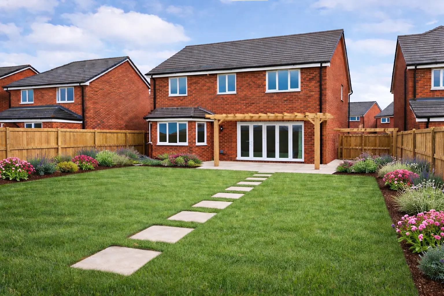 new build garden pergola patio path flower beds