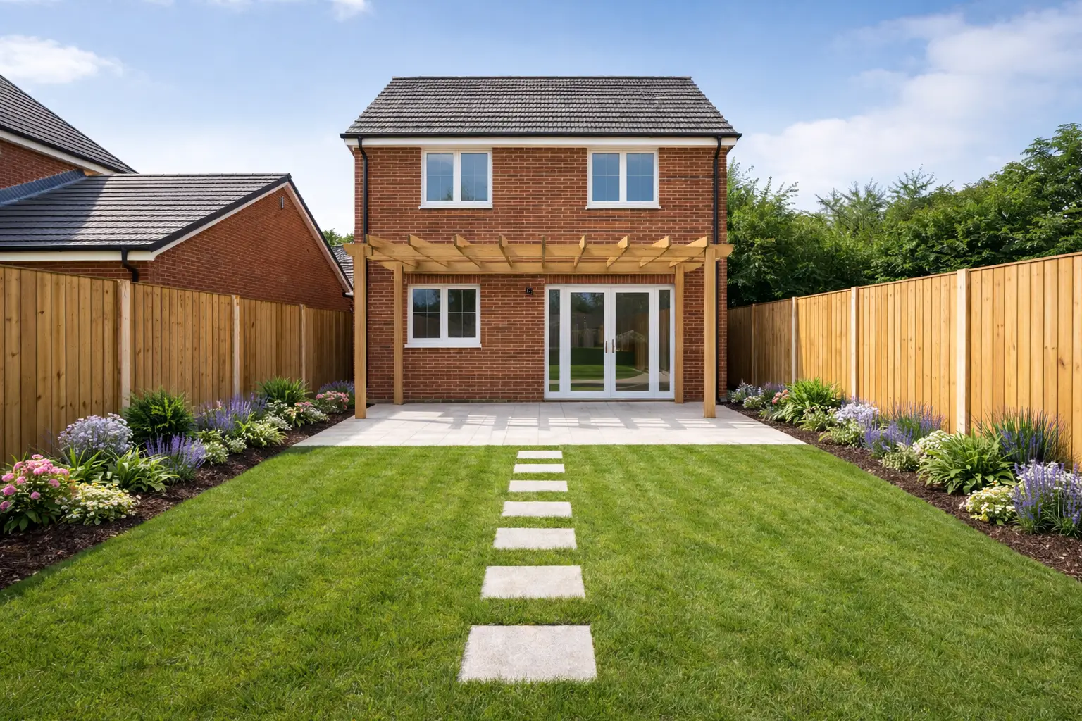 new build garden landscaping in hertfordshire pergola patio path beds